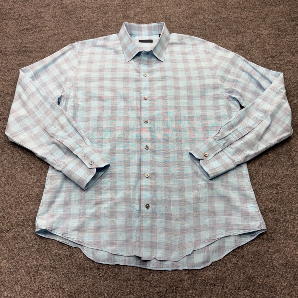 Zachary Prell Mens Large Light Blue Grey Plaid Cotton Long Sleeve Button Shirt
